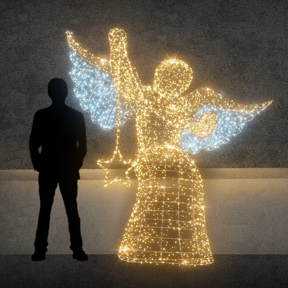 3D LED světelný anděl sedící s hvězdou, 230 cm, teple a ledově bílá