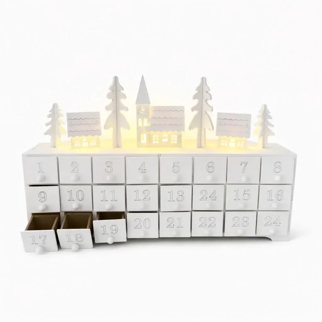 LED adventní kalendář, kostel a chaloupky, dřevěný, 37,5 × 23 × 8 cm, bílá, na 2× AA