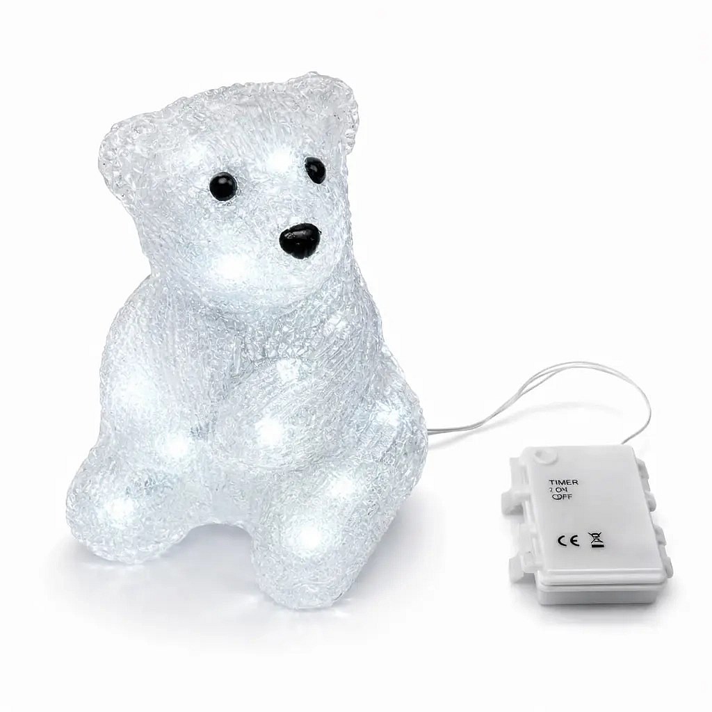 3D LED svítící medvěd sedící na baterie, 16 diod, s časovačem, 18 × 13 cm, ledově bílá, hliník, IP44 venkovní