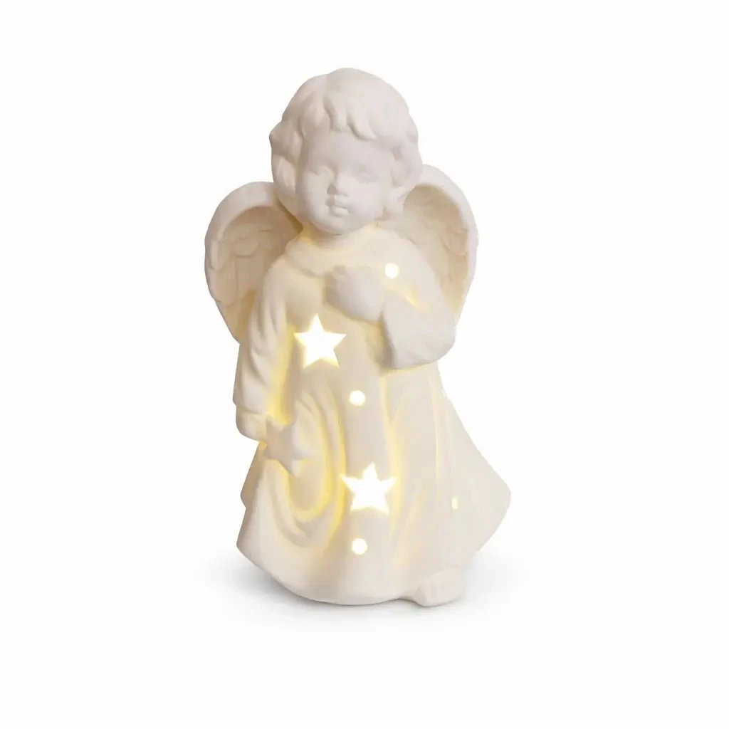 LED svítící andílek keramický 9,3 × 7,6 × 14,9 cm, teple bílá, 3× LR44