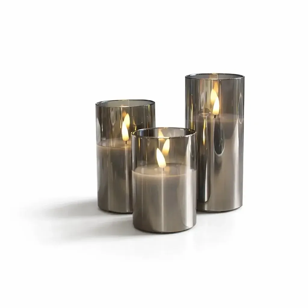 Sada 3 LED svíček ve skle, šedá, Ø 7,5 × 10/12,5/15 cm, s dálkovým ovladačem
