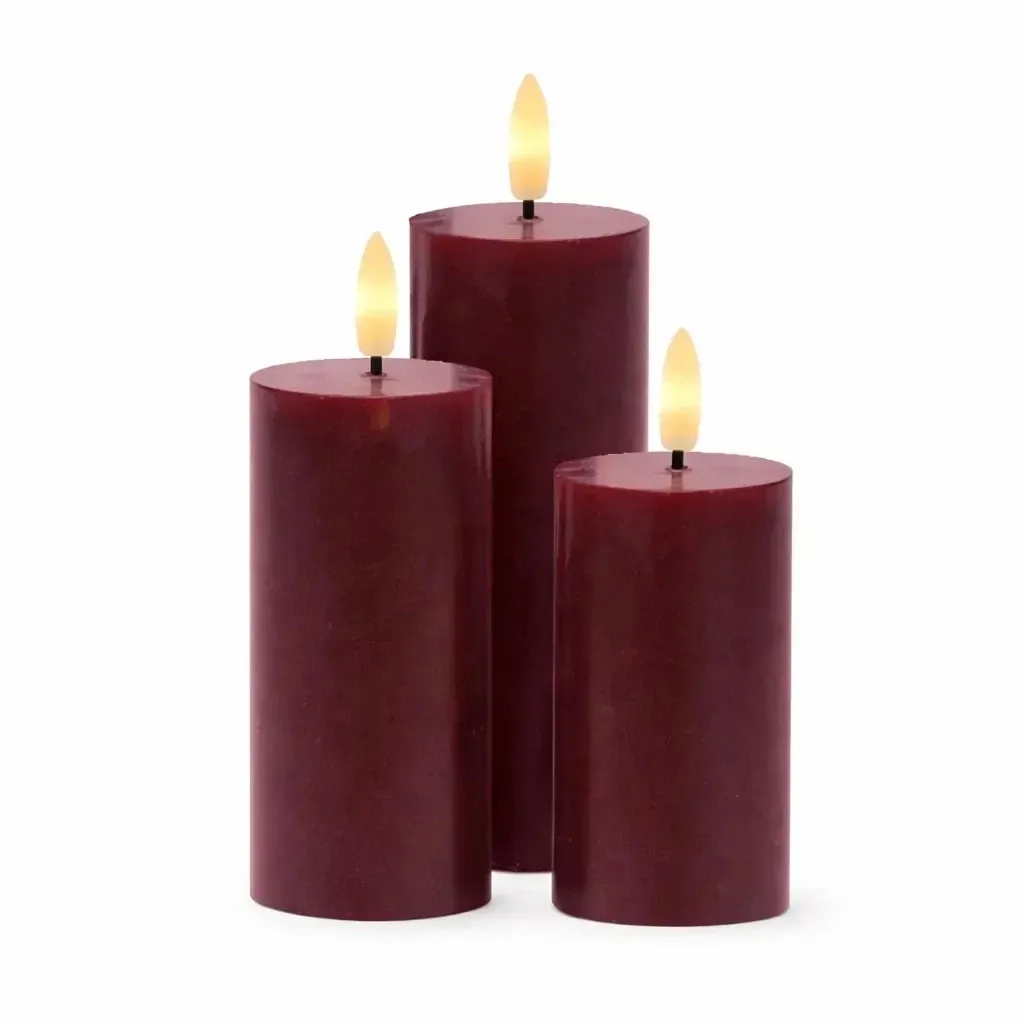 LED svíčky z pravého vosku dobíjecí Bordeaux, sada 3 ks, výška 10/12,5/15cm, ø 5 cm, vínová, bez stanice