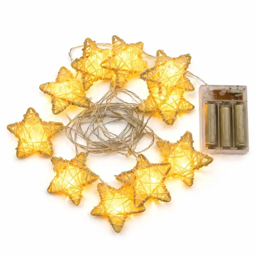 LED světýlka na baterie, ratanové hvězdy, 2,8 m, teple bílá, 10 diod, čirý kabel, IP20 interiér, 3 × AA