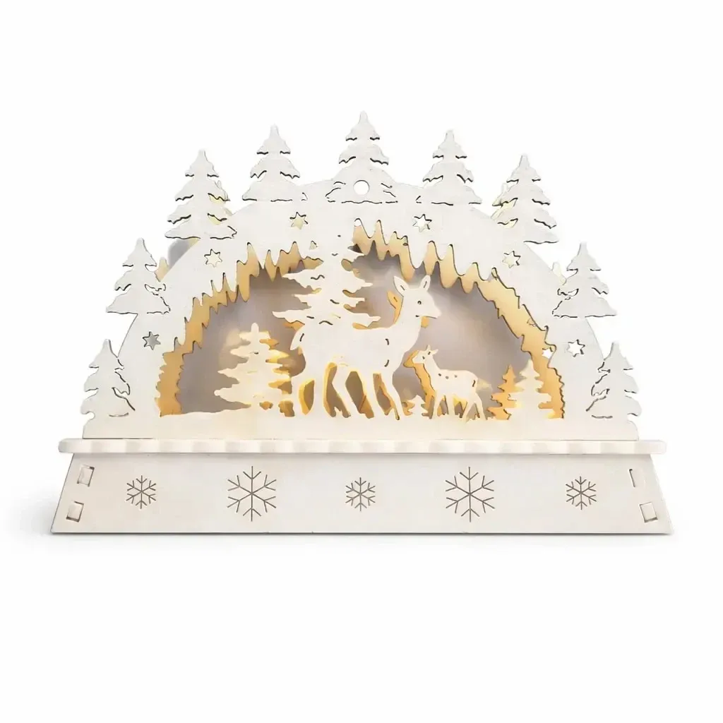 LED vánoční svícen do okna, laň a koloušek v lese, dřevěný, 15 × 11 × 5 cm, teple bílá, na 2× AA