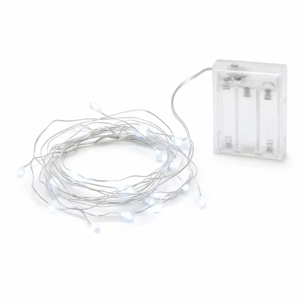 LED světýlka na baterky, kapičky, 2 m, ledově bílá, 20 diod, drátek, IP20 interiér, 3 × AA
