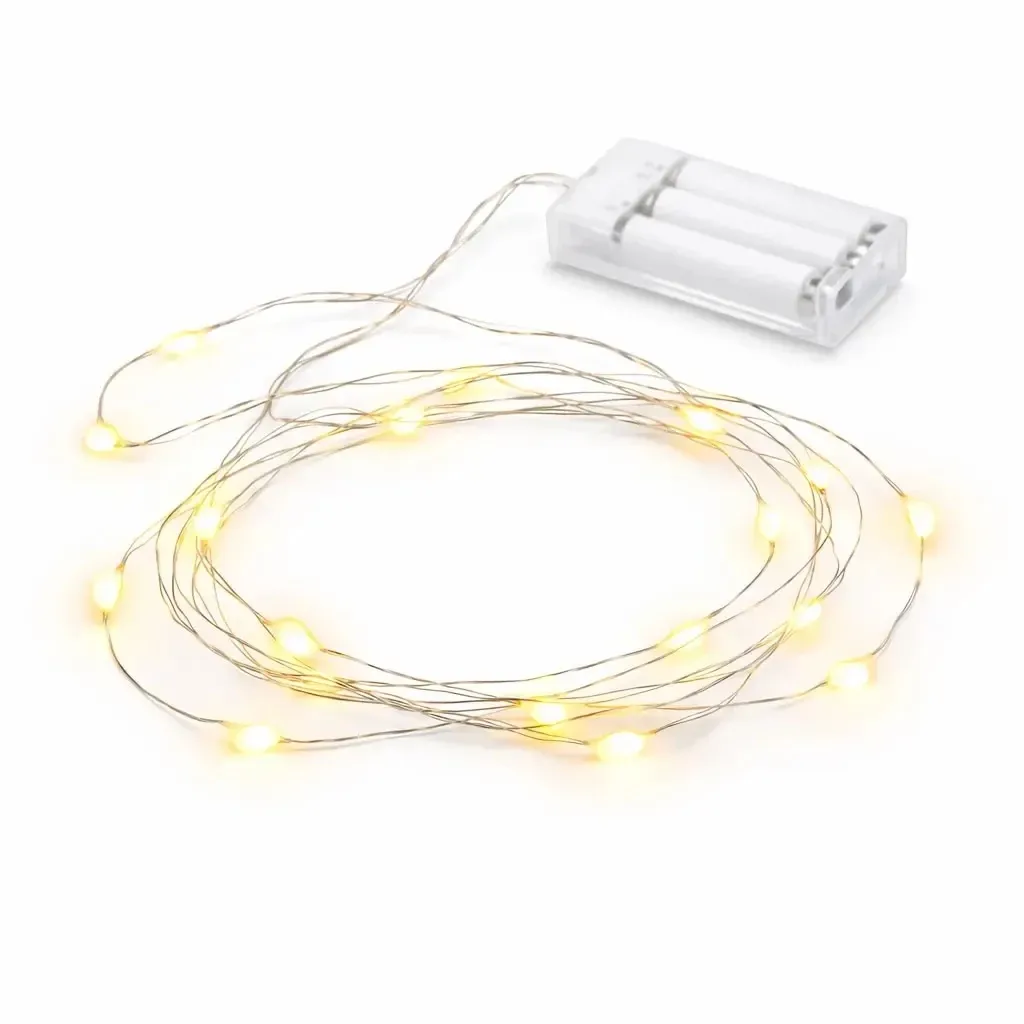 LED světýlka na baterie, kapičky, 2 m, teple bílá, 20 diod, drátek, IP20 interiér, 3 × AA