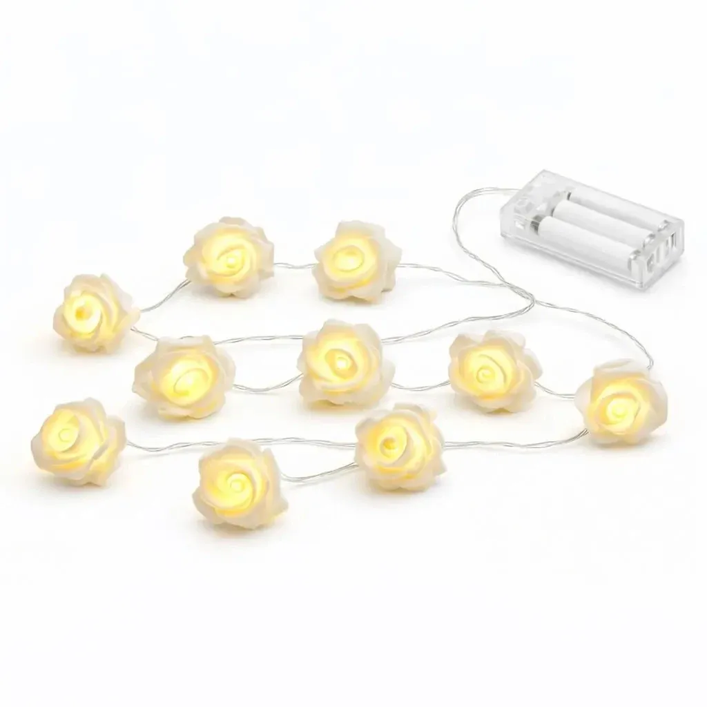 LED světýlka na baterie, růžičky, 1,8 m, teple bílá, 10 diod, čirý kabel, IP20 interiér, 2× AA