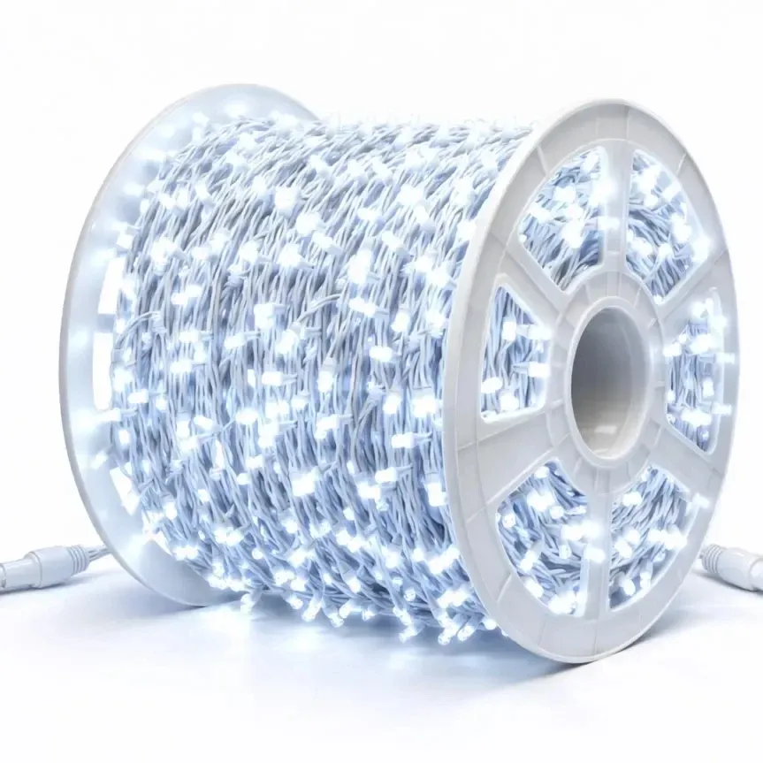 Easy Fix LED světelný řetěz, 100 m, venkovní, ledově bílá, 2000 diod, bílý kabel, IP44, cívka