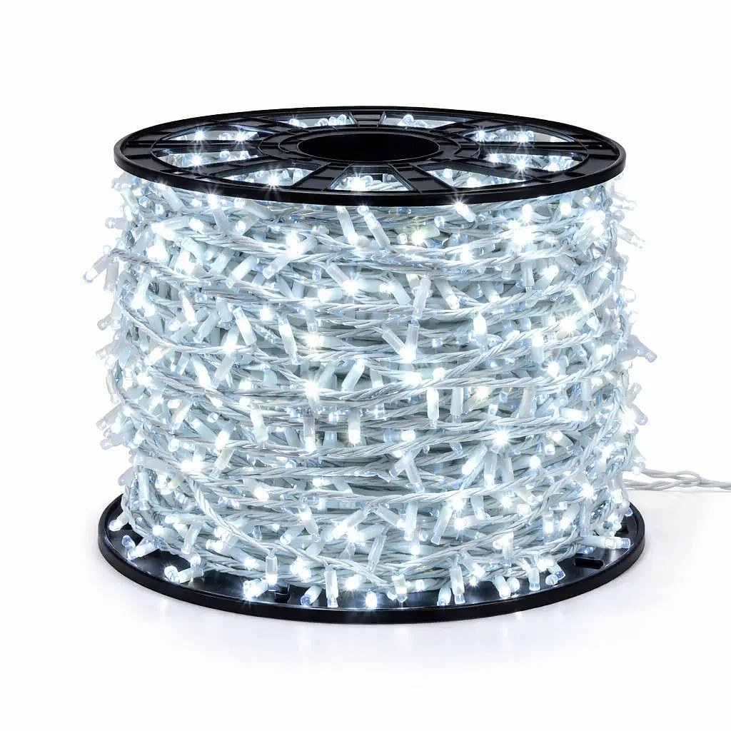 Easy Fix LED světelný řetěz, 100 m, venkovní, ledově bílá s FLASH, 2000 diod, bílý kabel, IP67, cívka