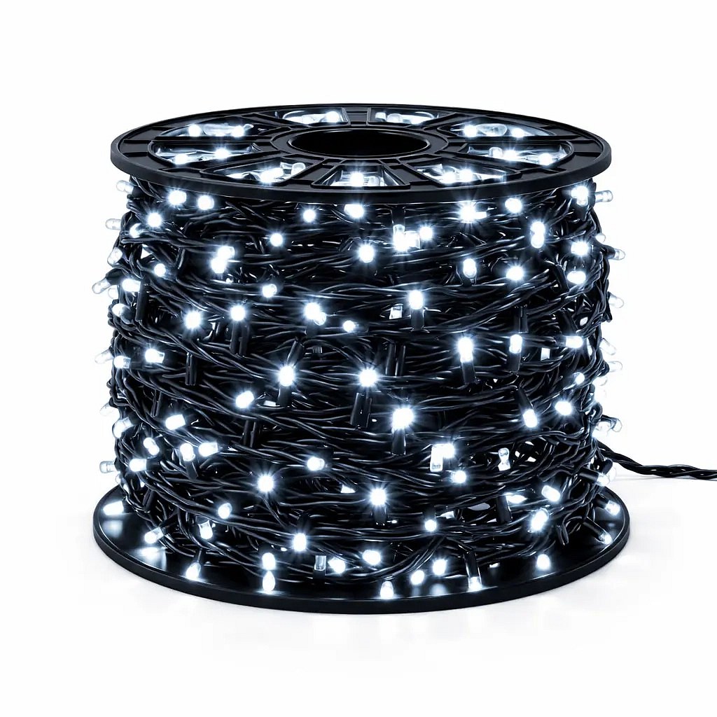 Easy Fix LED světelný řetěz, 100 m, venkovní ledově bílá s FLASH, 600 diod, černý kabel, IP67, cívka