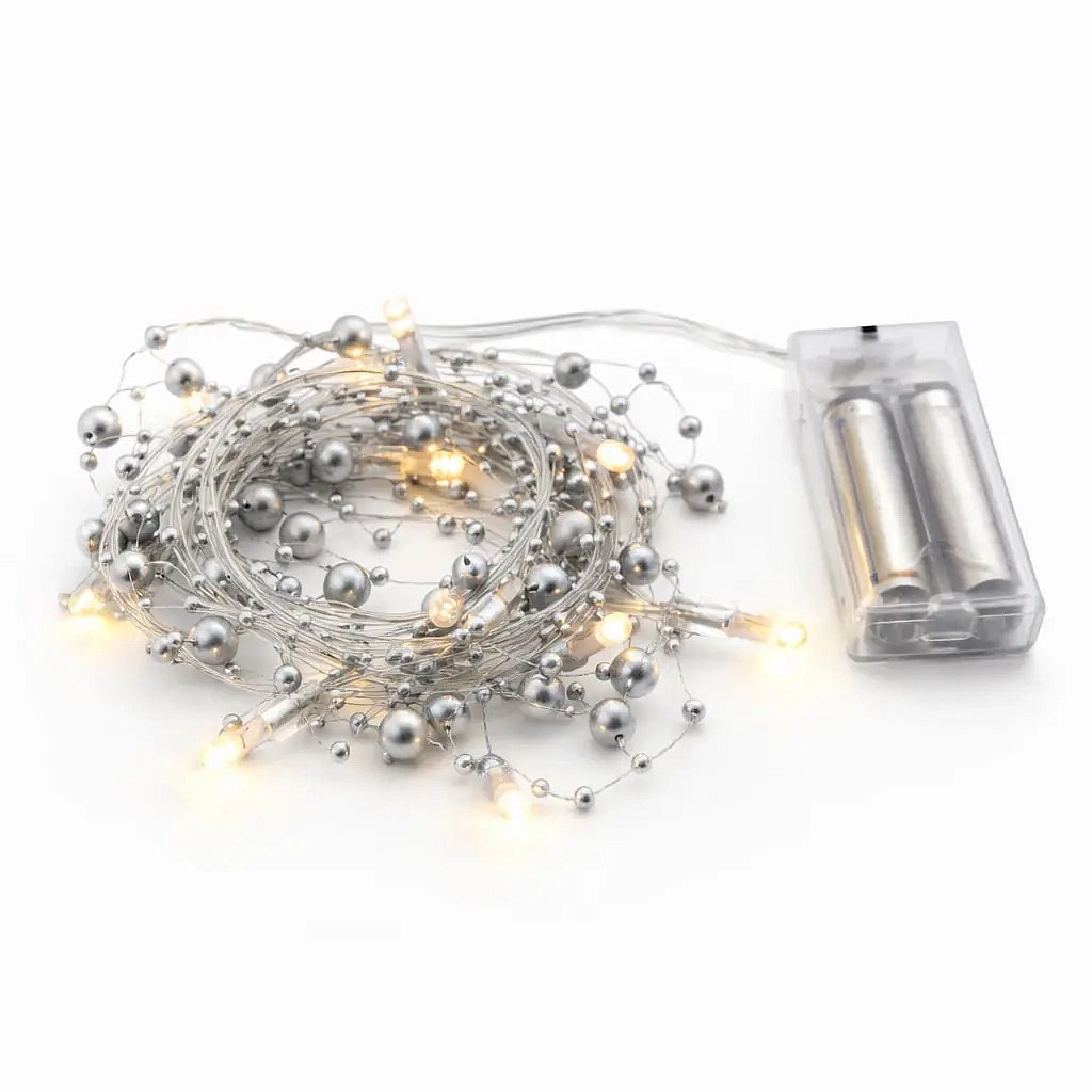 LED světýlka na baterie, perly stříbrné, 1,3 m, teple bílá, 10 diod, čirý kabel, IP20 interiér, 2 × AA