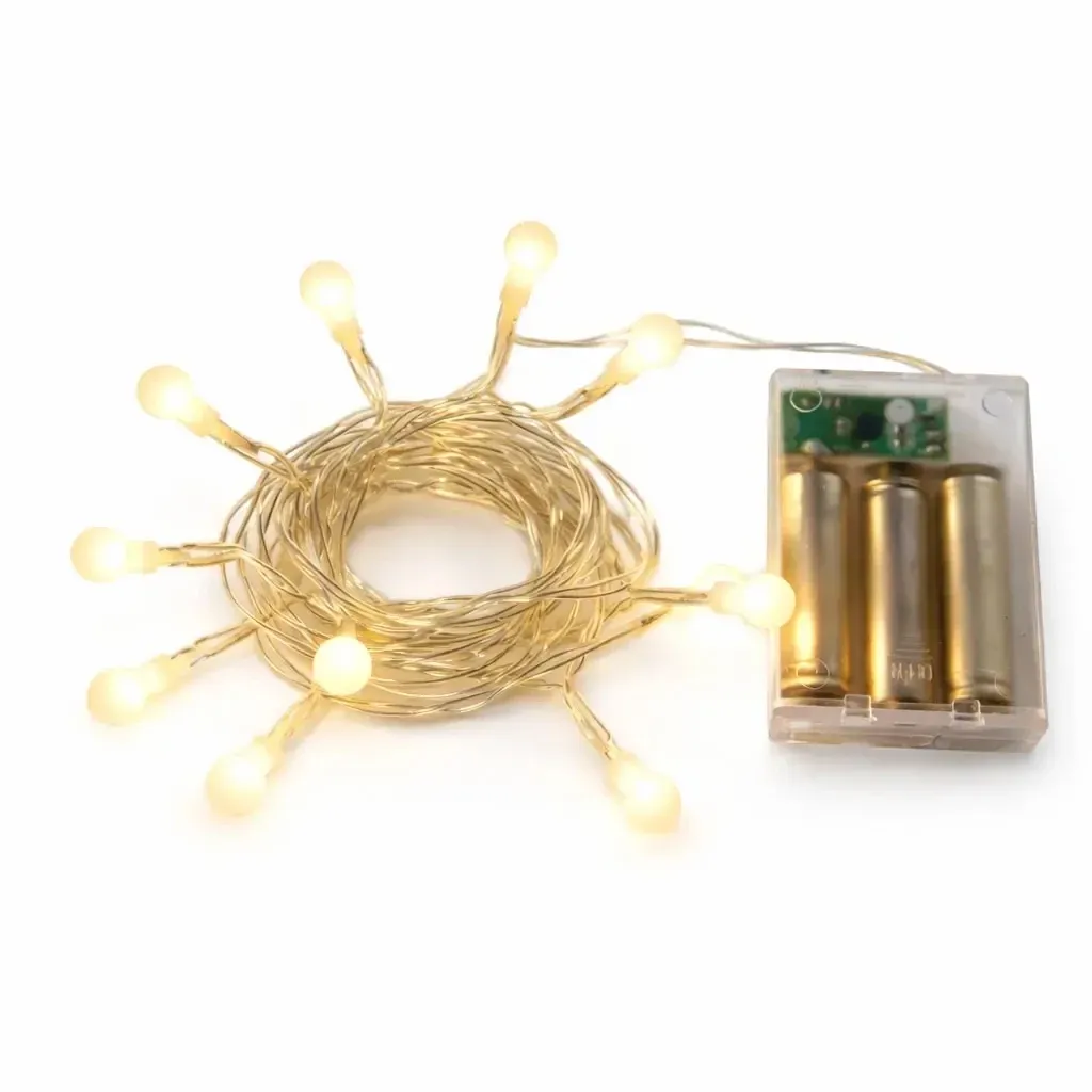 LED světýlka na baterie, kouličky, 2,1 m, teple bílá, 10 diod, čirý kabel, IP20 interiér, 3 × AA
