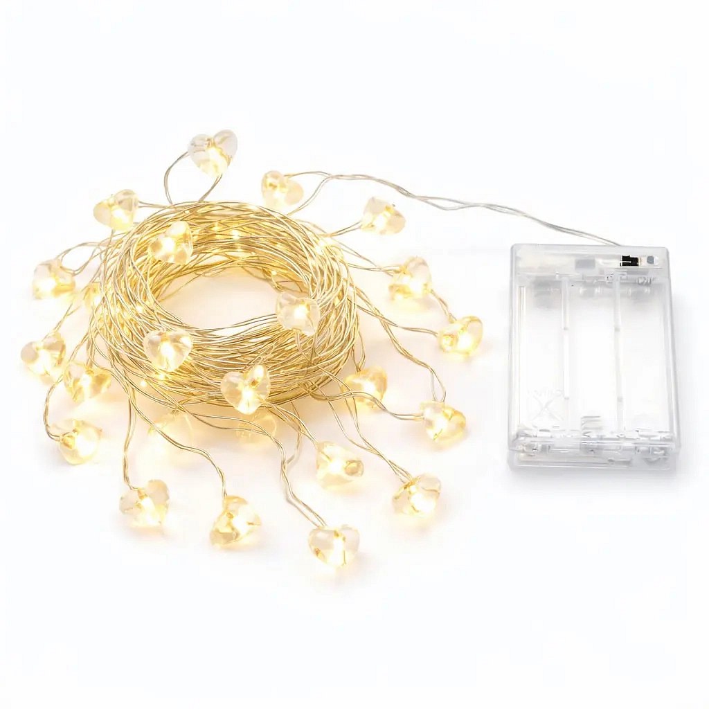 LED světýlka na baterie, srdíčka, 2,3 m, teple bílá, 20 diod, čirý kabel, IP20 interiér, 3 × AA