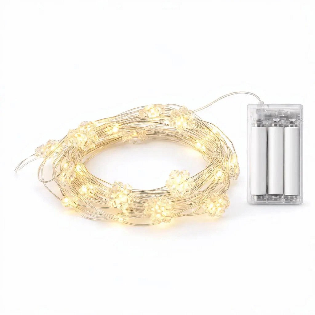 LED světýlka na baterie, vločky, 2,3 m, teple bílá, 20 diod, drátek, IP20 interiér, 2 × AA