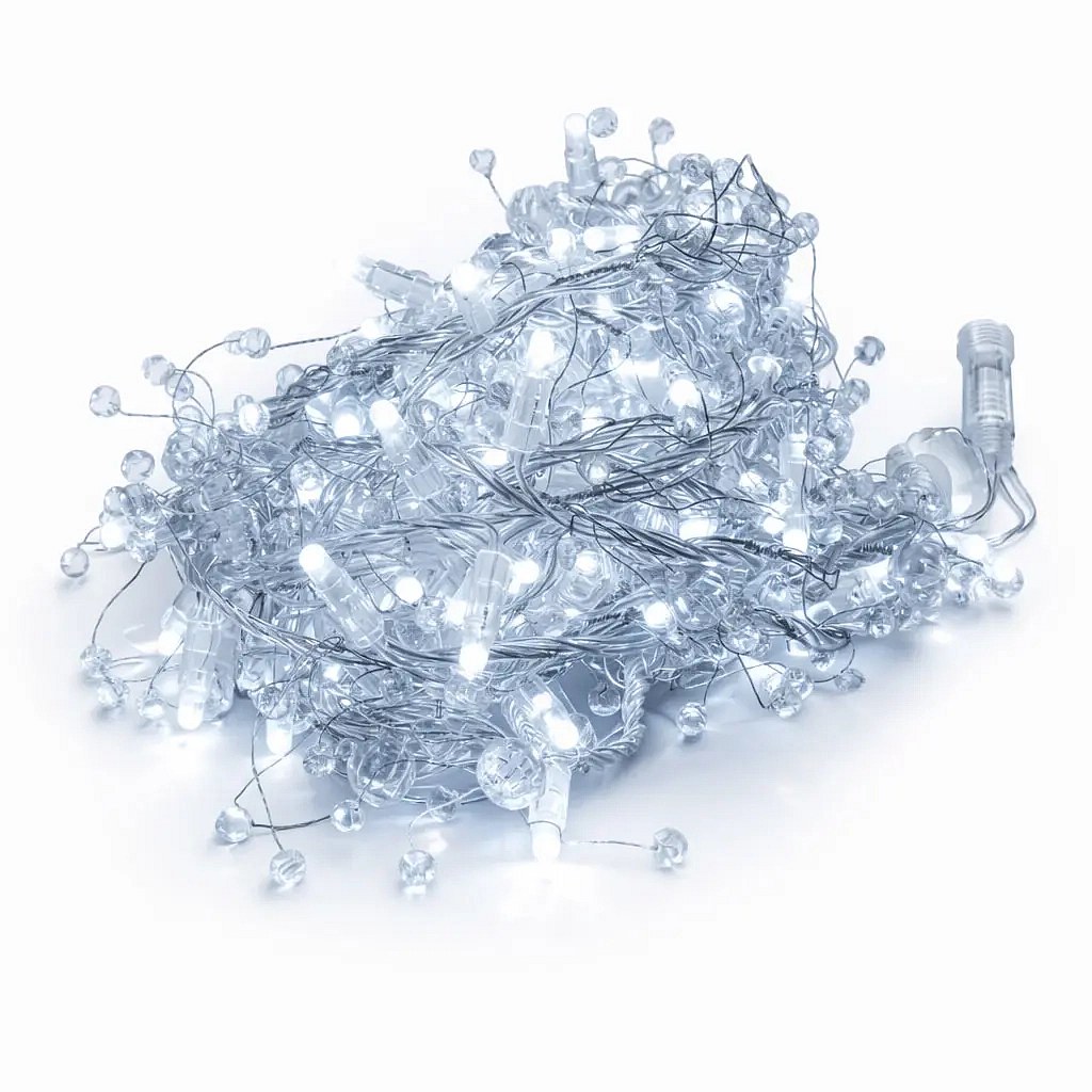 Eco Fix LED světelný řetěz, venkovní s krystalky, ledově bílá s FLASH, 8 m, 80 diod, čirý kabel, IP44, 24V