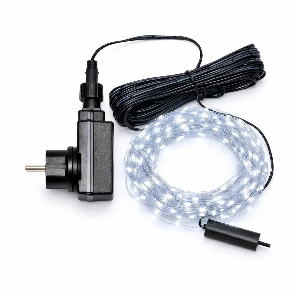 LED světelný řetěz, kapičky, 12 pramenů × 1,5 m , venkovní, ledově bílá, 180 diod, stříbrný kabel, IP44, vč. zdroje