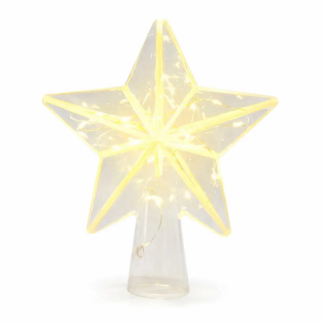 LED svítící hvězda na stromeček, 18 × 22 × 6,5 cm skleněná, teple bílá, 20 diod, 2× AAA