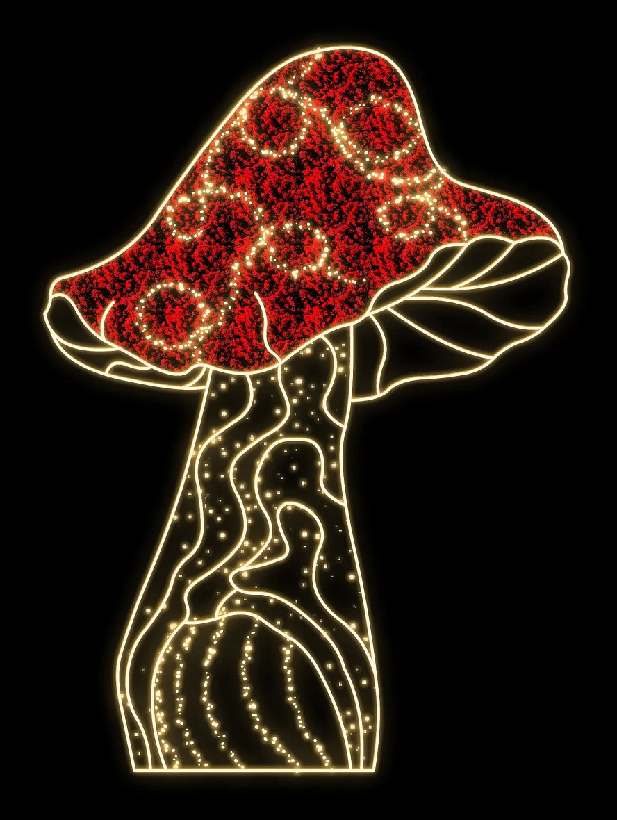 2D LED světelná houba, muchomůrka I., 160 × 220 × 66 cm, teple bílá, stojící, 3D tisk