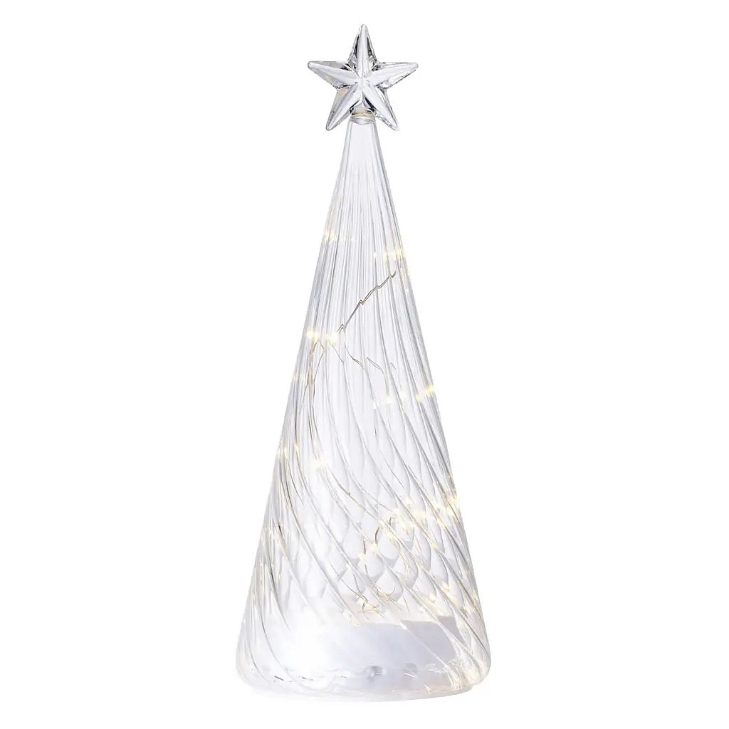 LED svítící stromeček skleněný na baterie, čirý, 26 cm, s hvězdou, AAA