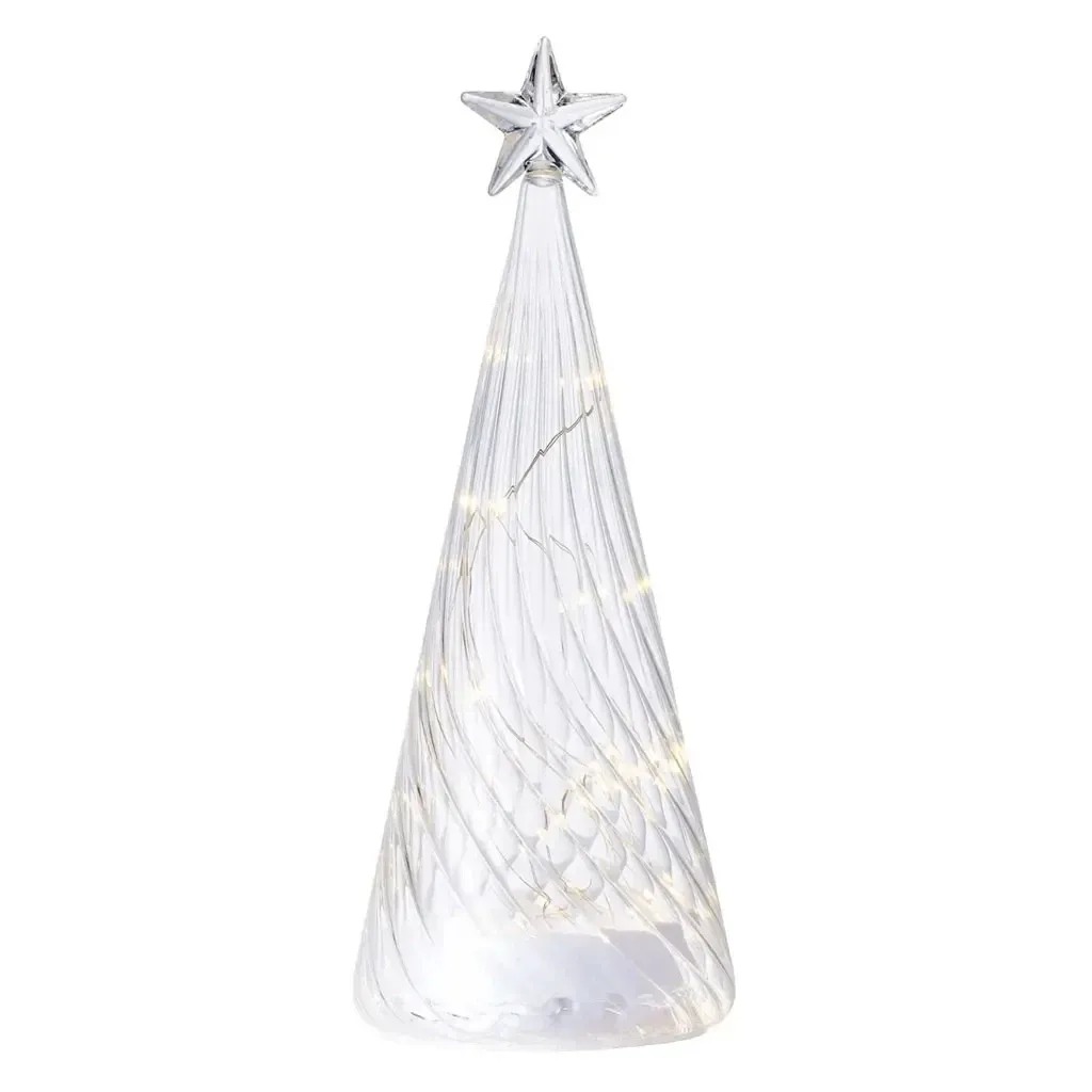 LED svítící stromeček skleněný na baterie, čirý, 26 cm, s hvězdou, AAA