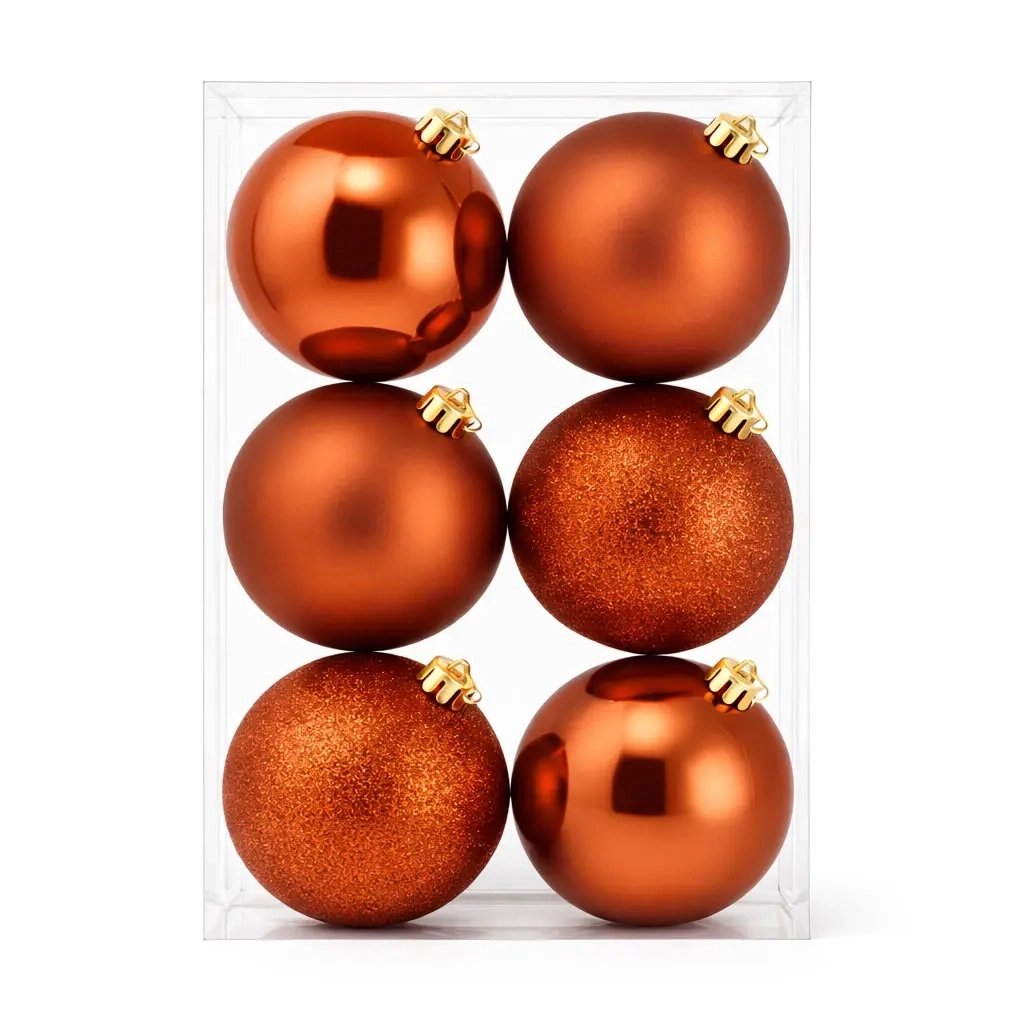 Sada vánočních ozdob měděná 10 cm, 2× lesk, 2× mat, 2× glitter, balení 6 ks