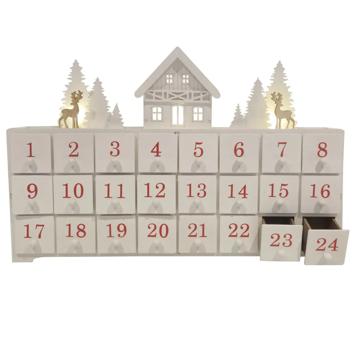 LED adventní kalendář, dřevěný domeček v lese, 43 × 29 × 8 cm, bílá, červená a hnědá, na 2× AA