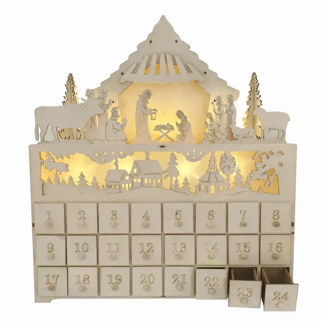LED adventní kalendář betlém a vesnice, dřevěný, 43 × 47 × 8 cm, na 2× AA