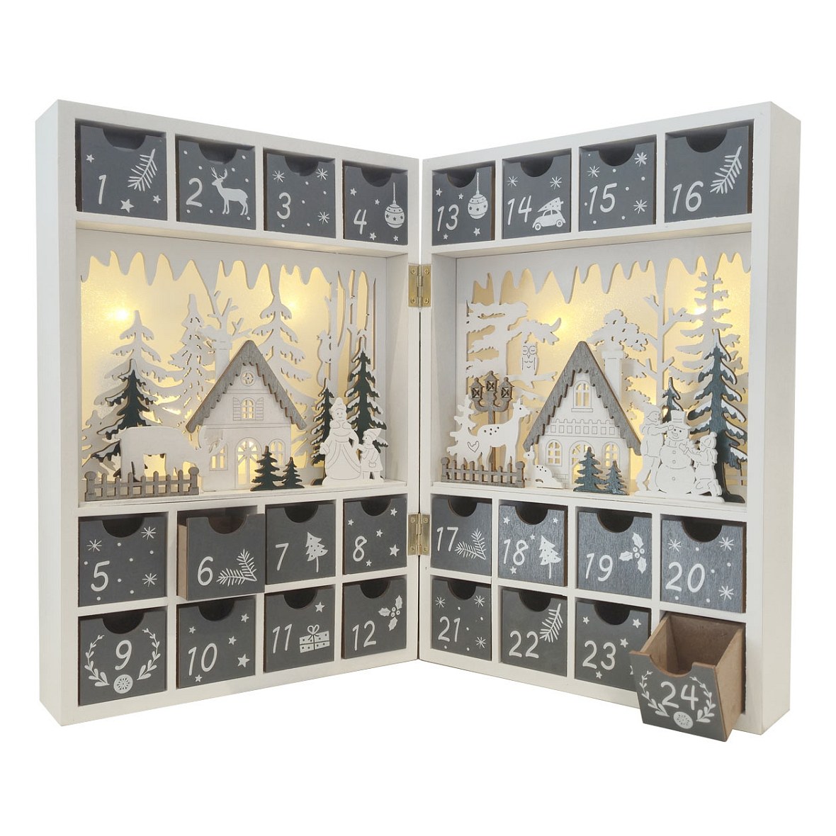 LED adventní kalendář, dřevěná kniha, 23,5 × 34,5 × 11 cm, bílá, šedá a zelená,otvírací, na 2× AA