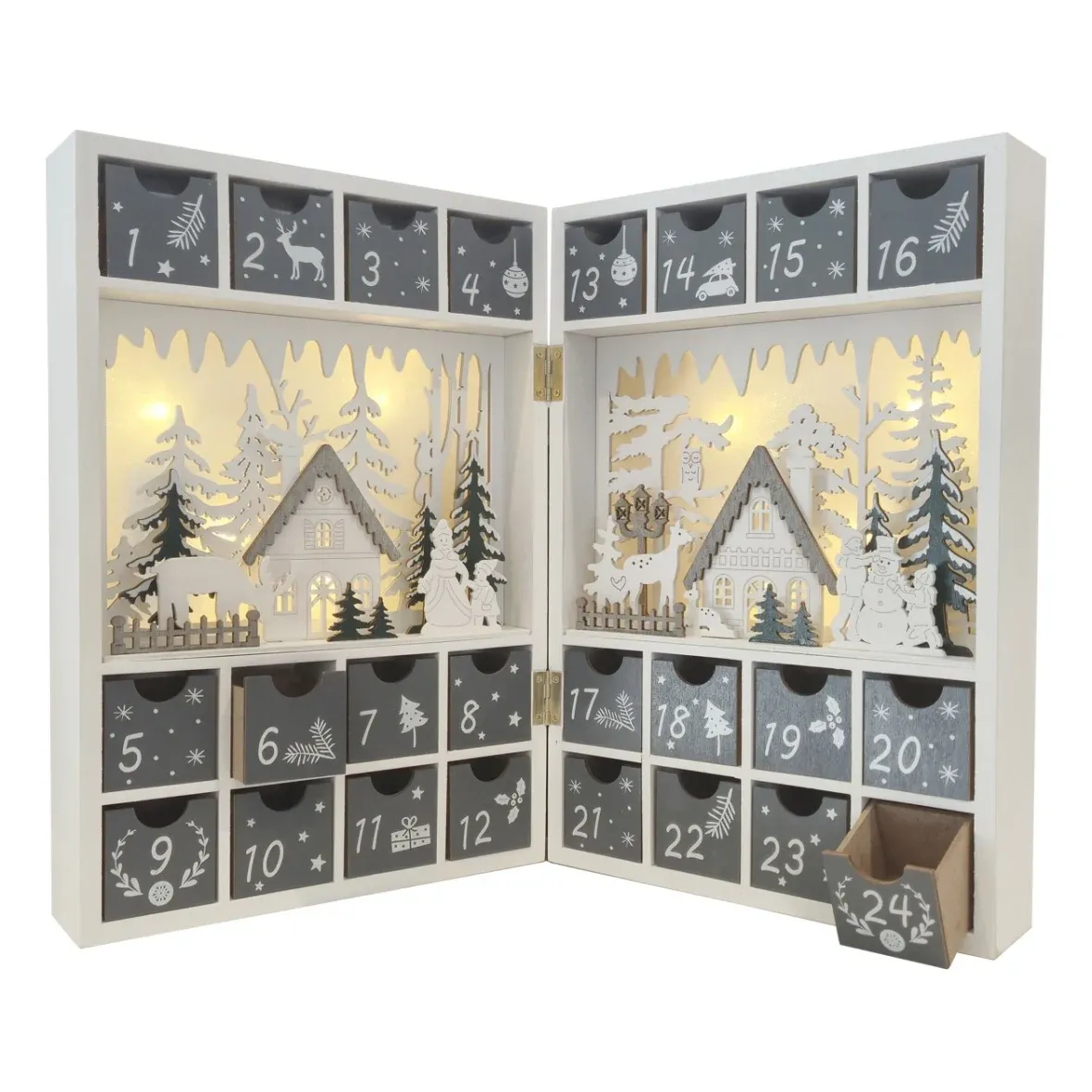 LED adventní kalendář, dřevěná kniha, 23,5 × 34,5 × 11 cm, bílá, šedá a zelená,otvírací, na 2× AA