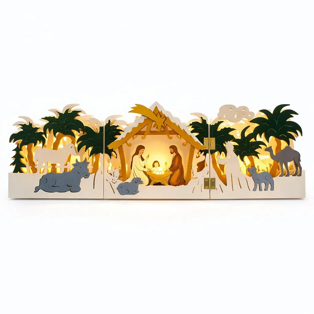 LED vánoční betlém dřevěný, skládací, oboustranný, 40 × 12 × 5 cm, barevný, na 2× AA