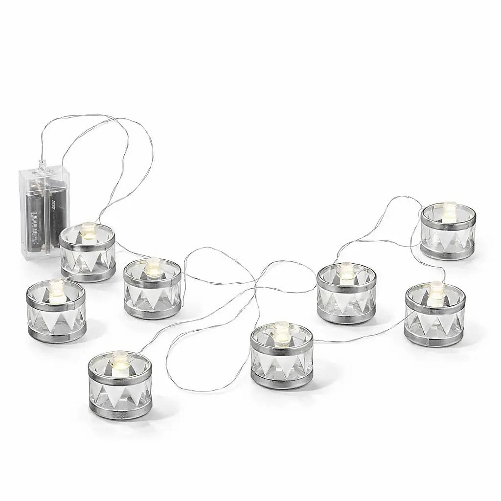 LED dekorační světelný řetěz na baterky 150 cm, stříbrné bubínky, teple bílá, 8 diod, interiér, 2× AA