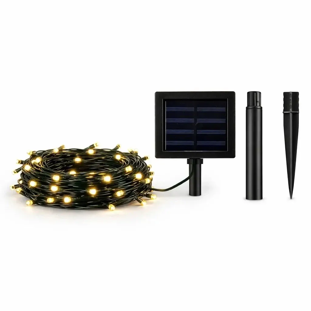 LED venkovní solární světýlka na zahradu, 10 m, teple bílá, 100 diod, černý kabel, IP44, solární panel