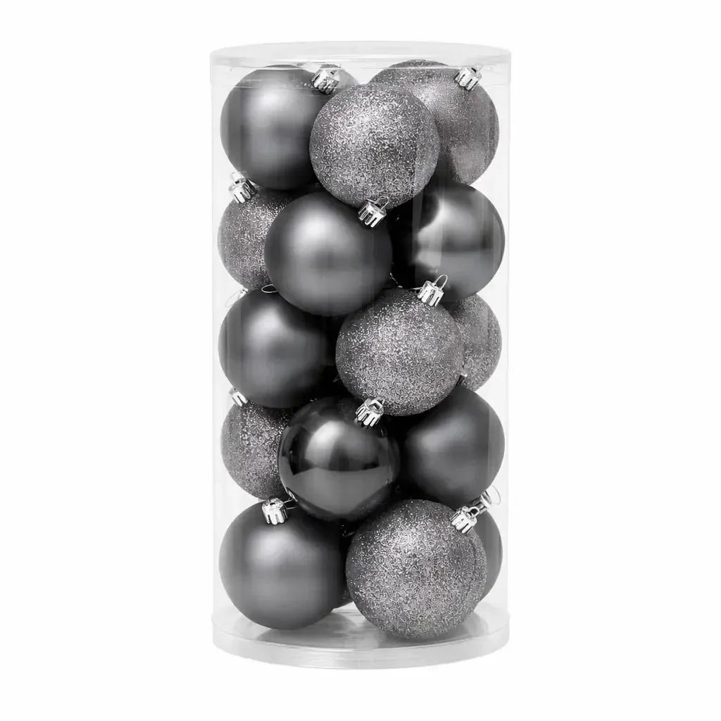 Sada vánočních ozdob šedá 8 cm plastové koule, 12× matná, 12× glitter, balení 24 baněk