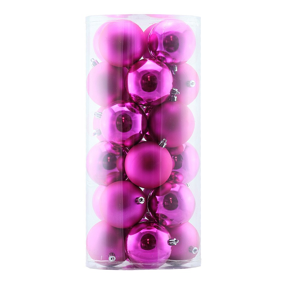 Sada vánočních ozdob růžové 8 cm plastové koule, 12× lesk, 12× mat, balení 24 ks