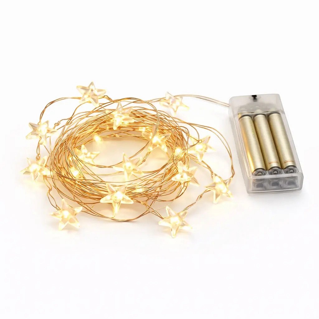 LED světýlka na baterie, hvězdičky, 2,3 m, teple bílá, 20 diod,  drátek, IP20 interiér, 2 × AA