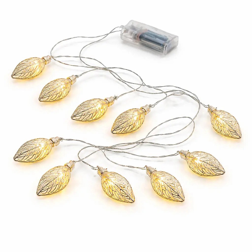 LED světýlka na baterie 1,8 m teple bílá, 10 diod, kovové lístky, čirý kabel IP20 interiér, 2× AA
