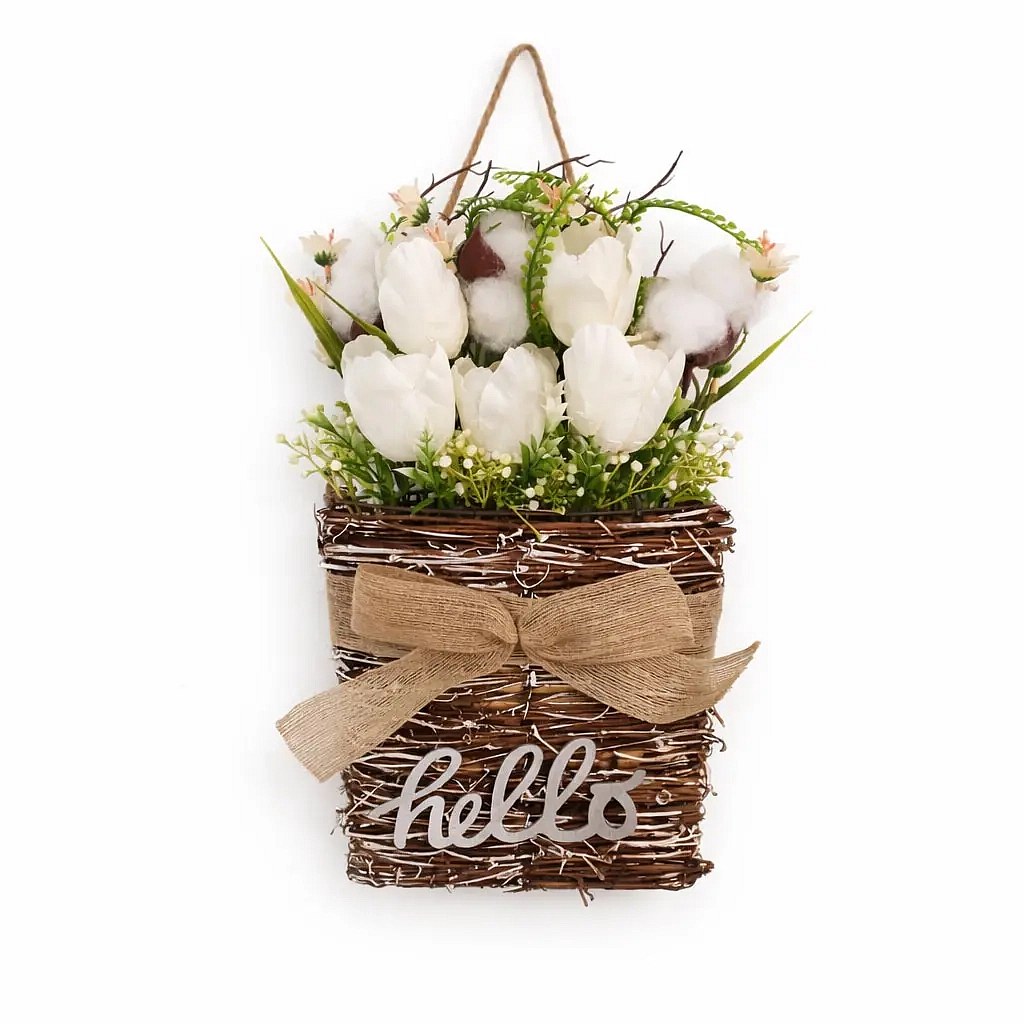 Jarní dekorace bílé květiny 23 × 40 cm, proutí a plast, IP44, venkovní