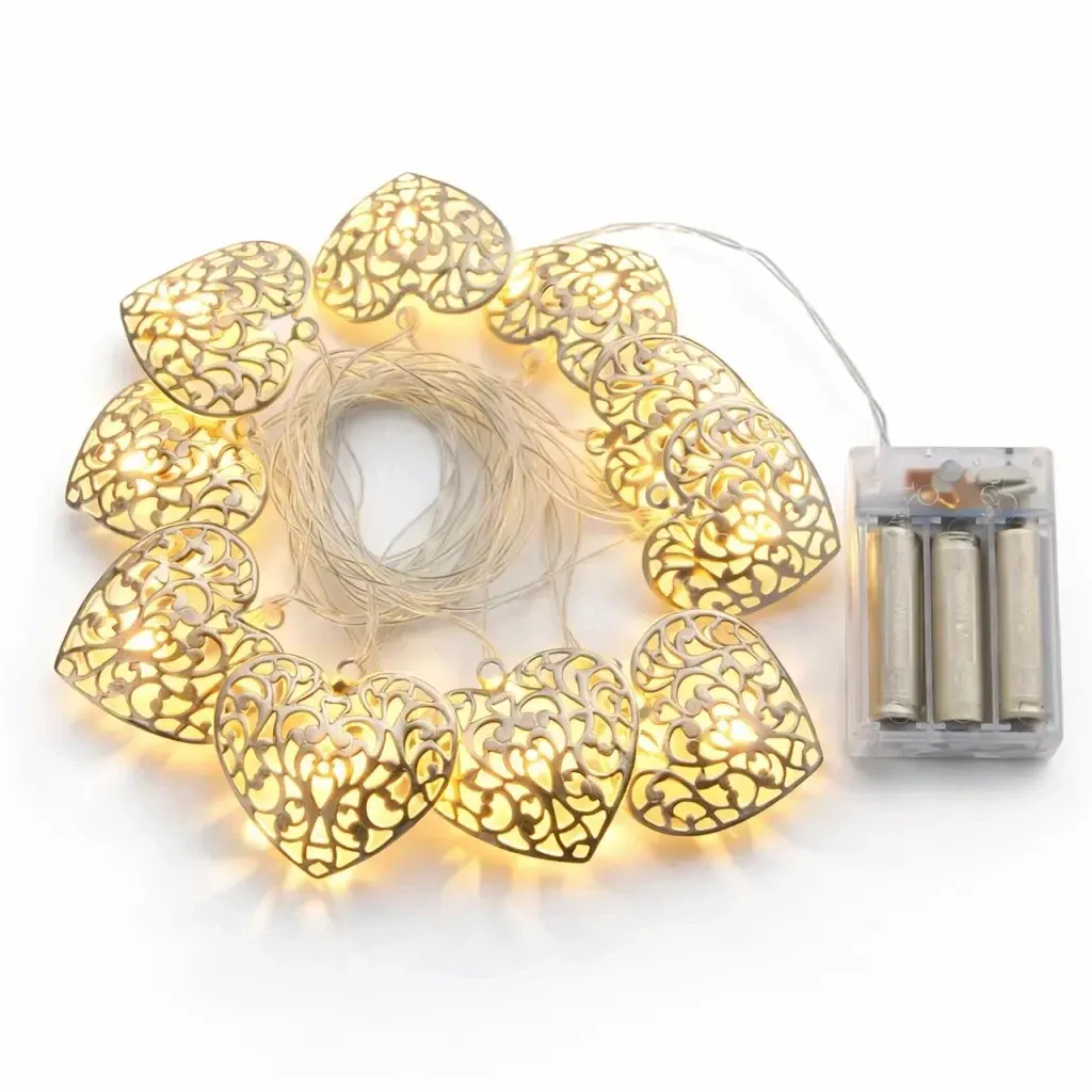 LED světýlka na baterie, 2,5 m, kovová srdce, vintage, teple bílá, 10 diod, čirý kabel, IP20, 2× AA