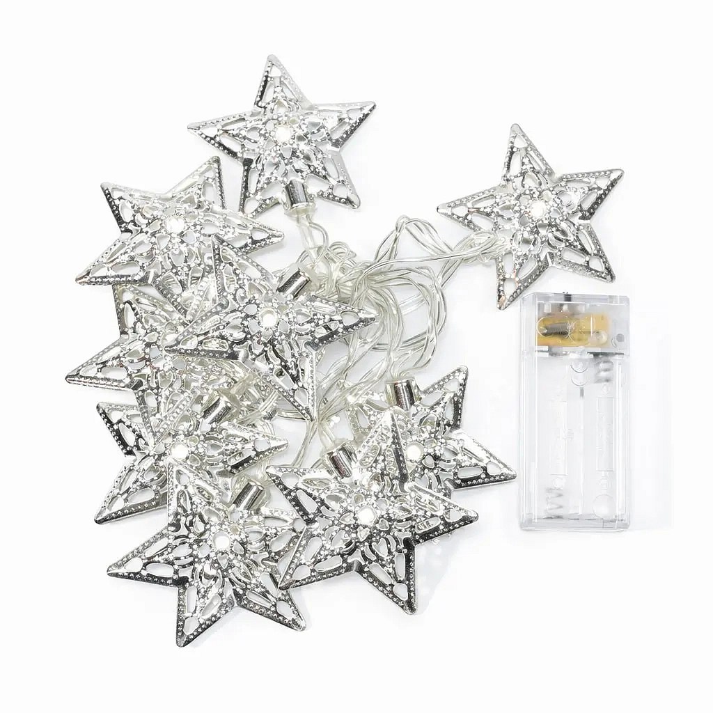 LED světýlka na baterie, 1,3 m, kovové hvězdy, ledově bílá, 10 diod, čirý kabel, IP20 interiér, 2× AA