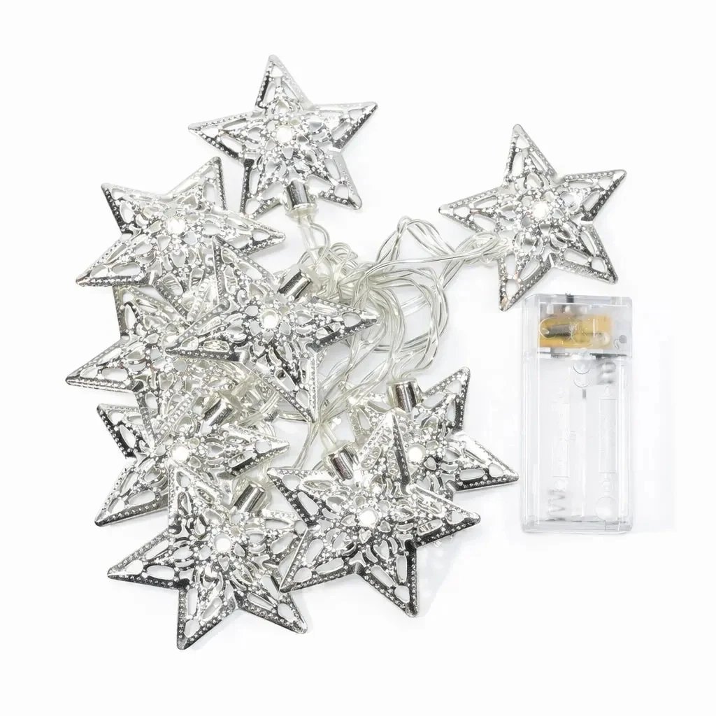 LED světýlka na baterie, 1,3 m, kovové hvězdy, ledově bílá, 10 diod, čirý kabel, IP20 interiér, 2× AA