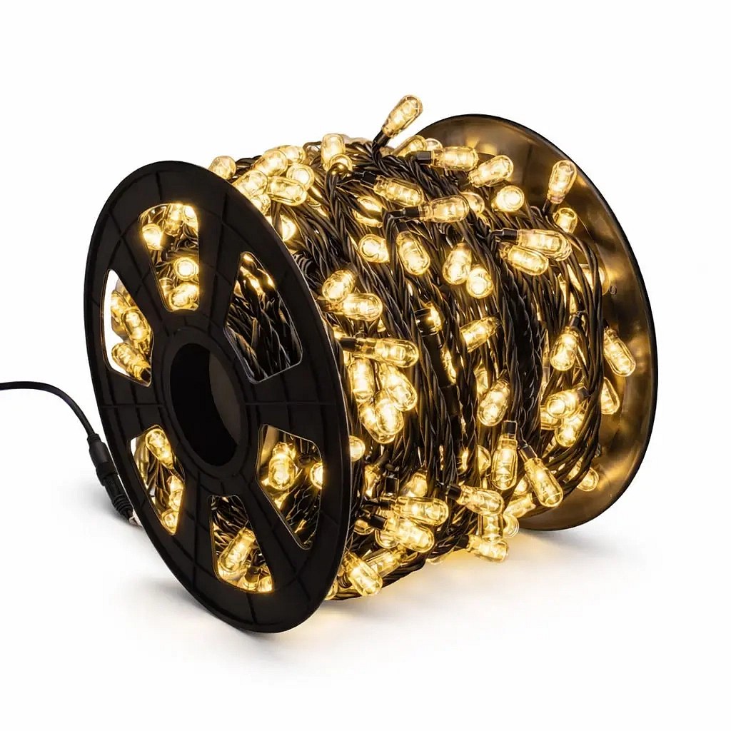 Easy Fix LED světelný řetěz, 100 m, venkovní teple bílá, 400 MEGA LED, černý kabel, IP67, cívka