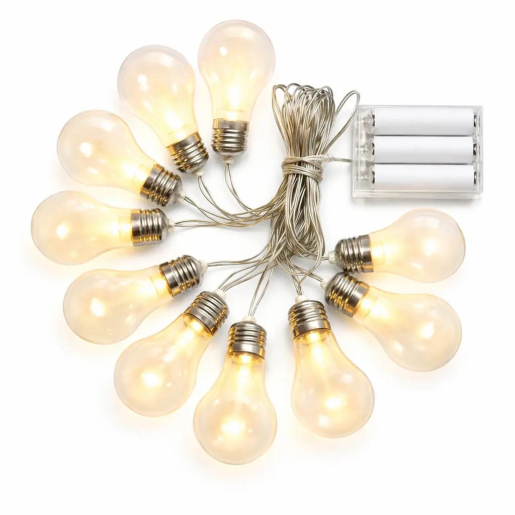 LED párty světla na baterie 5 m, 10 teple bílých diod, průhledné baňky, transparentní, 3× AA, IP20 interiér