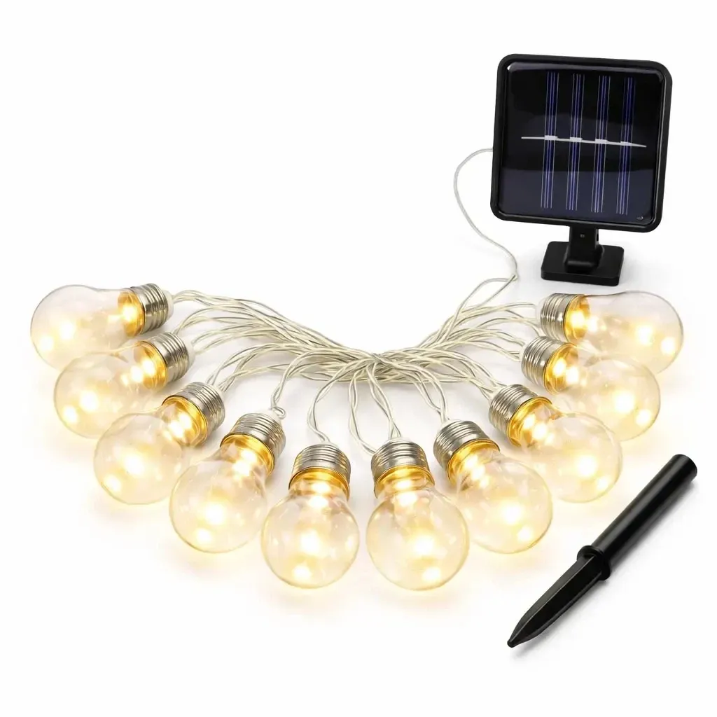 LED party girlanda solární, 5 m, venkovní, teple bílá, 10 diod, průhledné baňky, čirý kabel, IP44