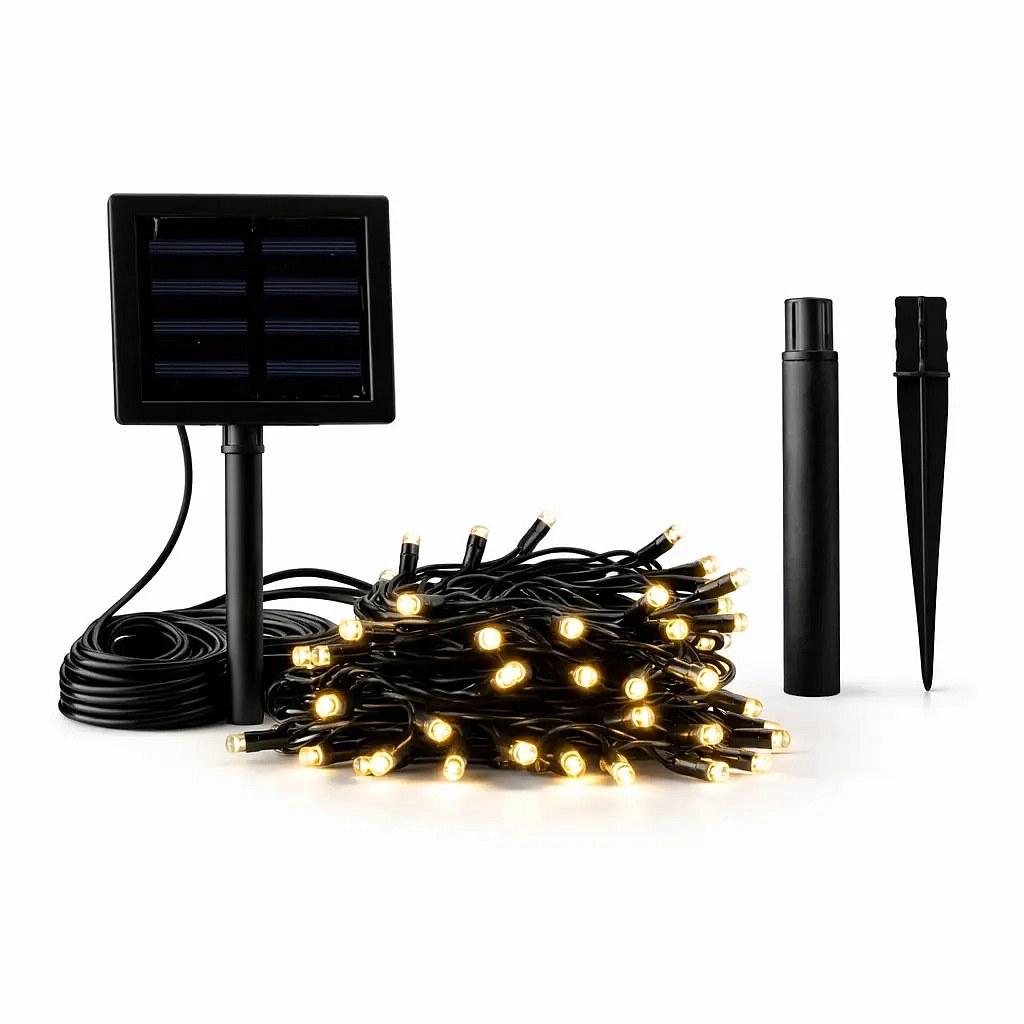 LED venkovní solární světýlka na zahradu 5 m, teple bílá, 50 diod, černý kabel IP44, solární panel