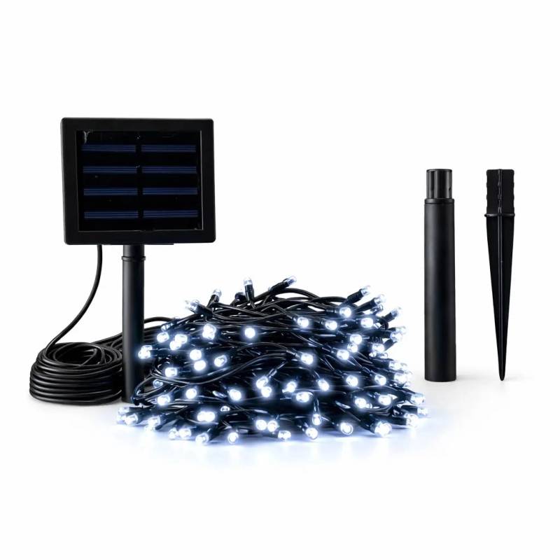 LED venkovní solární světýlka na zahradu, 20 m, ledově bílá, 200 diod, černý kabel, IP44, solární panel