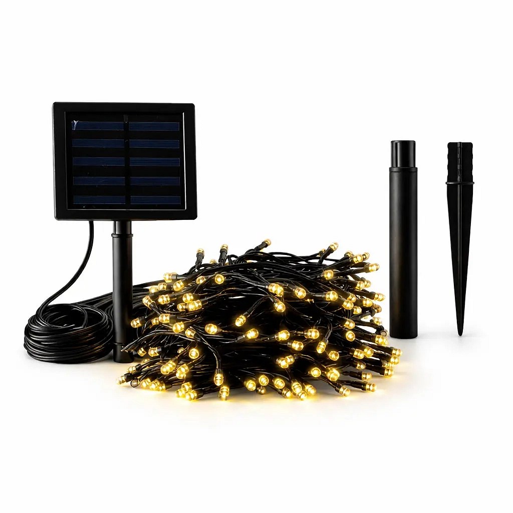 LED venkovní solární světýlka na zahradu, 20 m, teple bílá, 200 diod, černý kabel, IP44, solární panel