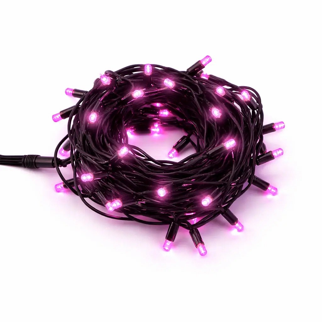 Easy fix LED světelný řetěz venkovní 5 m růžový, 50 diod, černý kabel IP67, prodlužovací