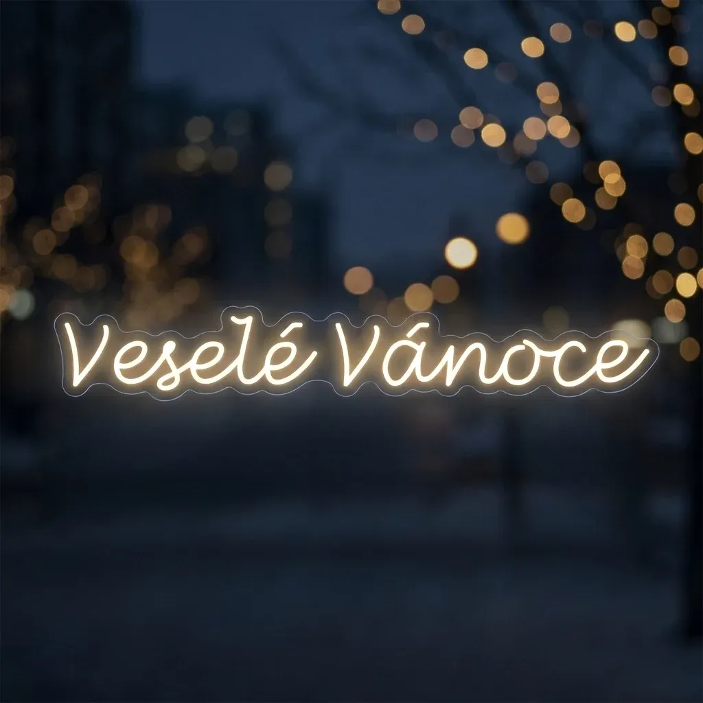 Easy Fix 2D LED nápis Veselé Vánoce, 80 × 320 cm, ledová bílá, dekor na veřejné osvětlení, hliník