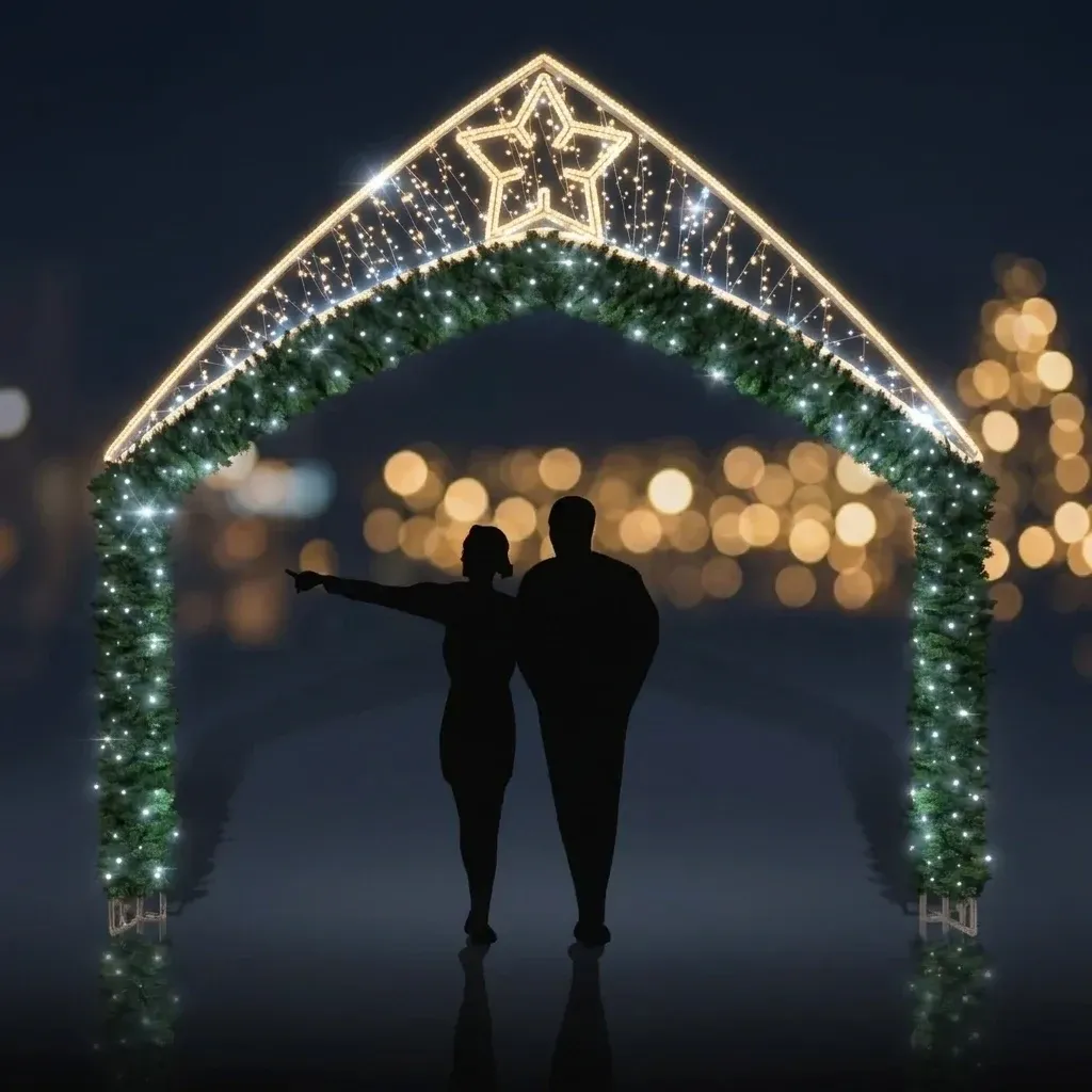 Easy Fix 2D LED světelná brána s 1 badyánovou hvězdou, stojící, 350 × 360 cm, ledově bílá, hliník