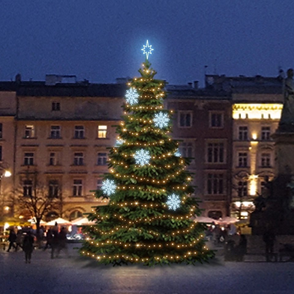 LED světelná sada na vánoční stromy vysoké 9-11 m, teplá bílá s ledově bílými dekory DZX0EFD08